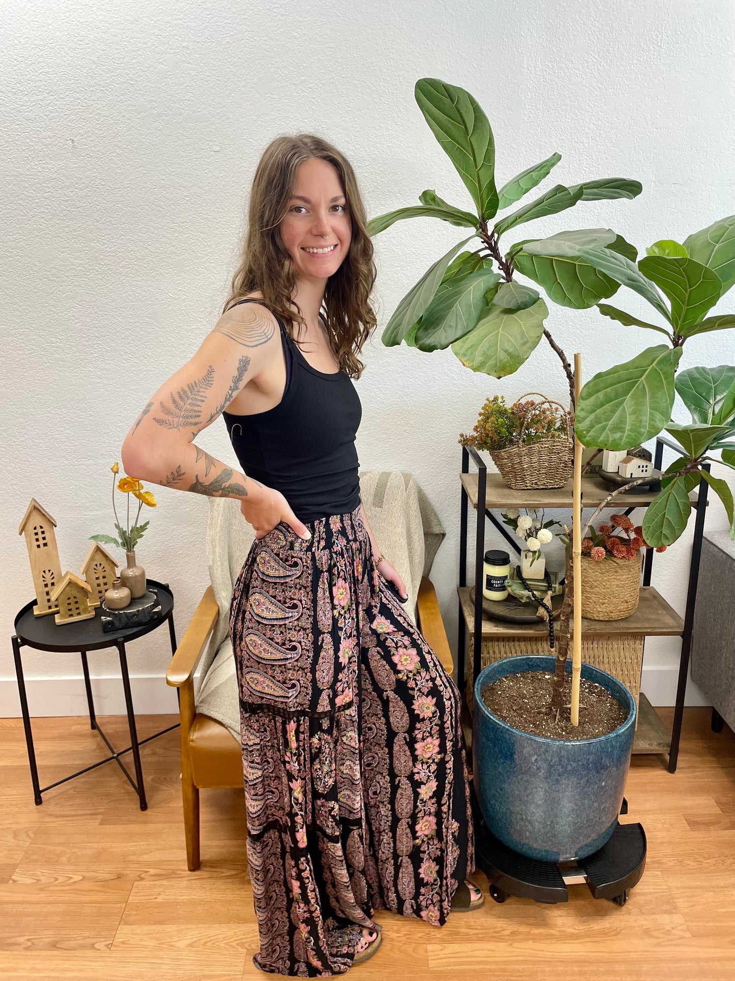 Black Floral Lace Inset Flowy Pants