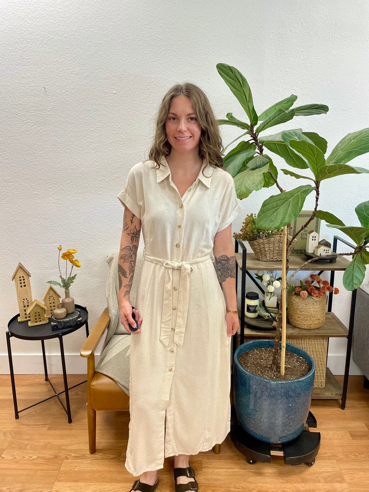 Natural Belted Linen Side Slit Maxi Dress