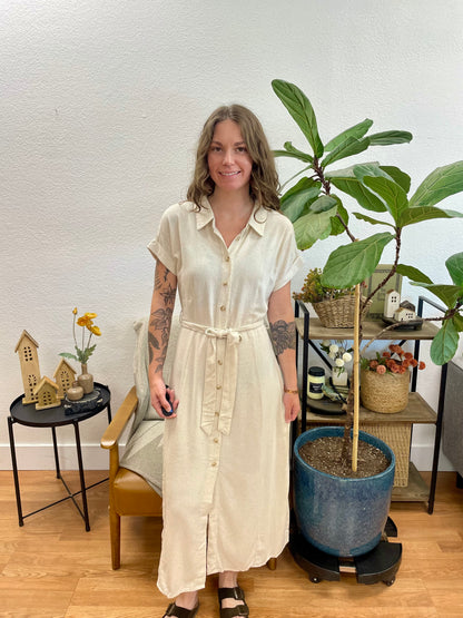 Natural Belted Linen Side Slit Maxi Dress