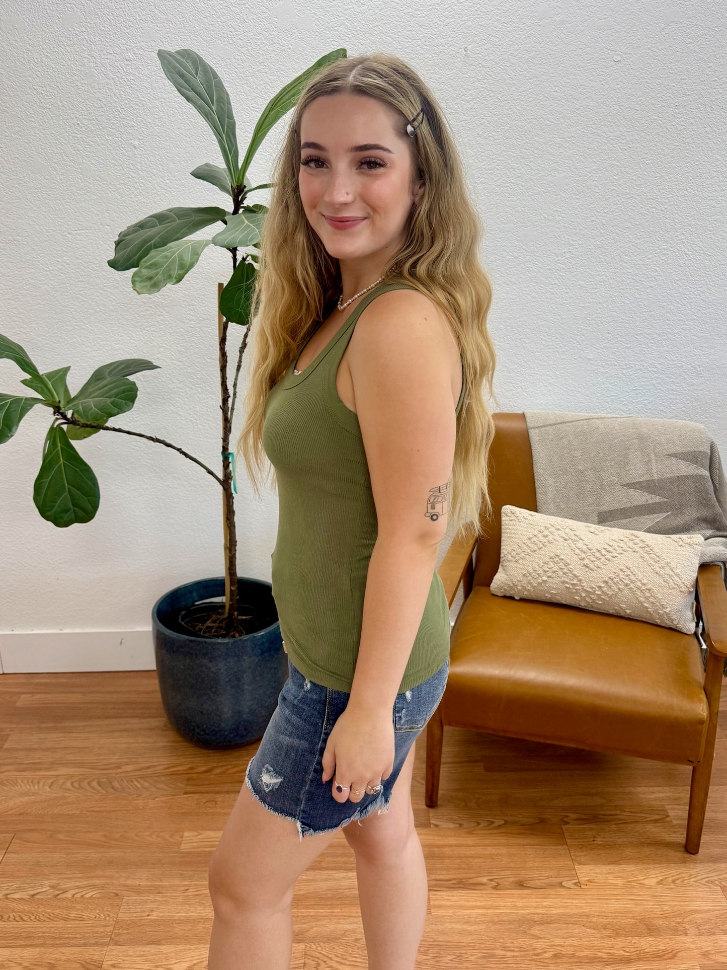 Light Olive Ribbed Scoop Tank