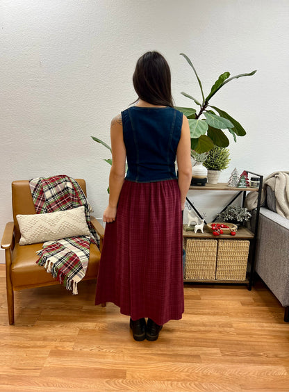 Red Plaid Pocket Midi Skirt