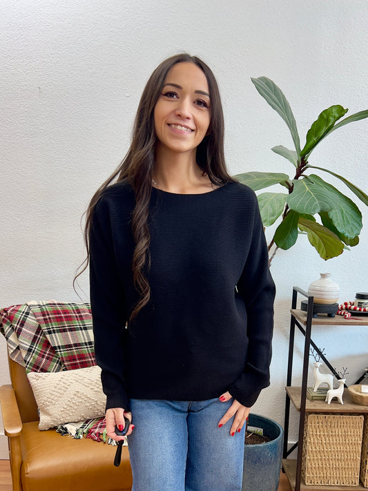 Black Ribbed Dolman Sweater