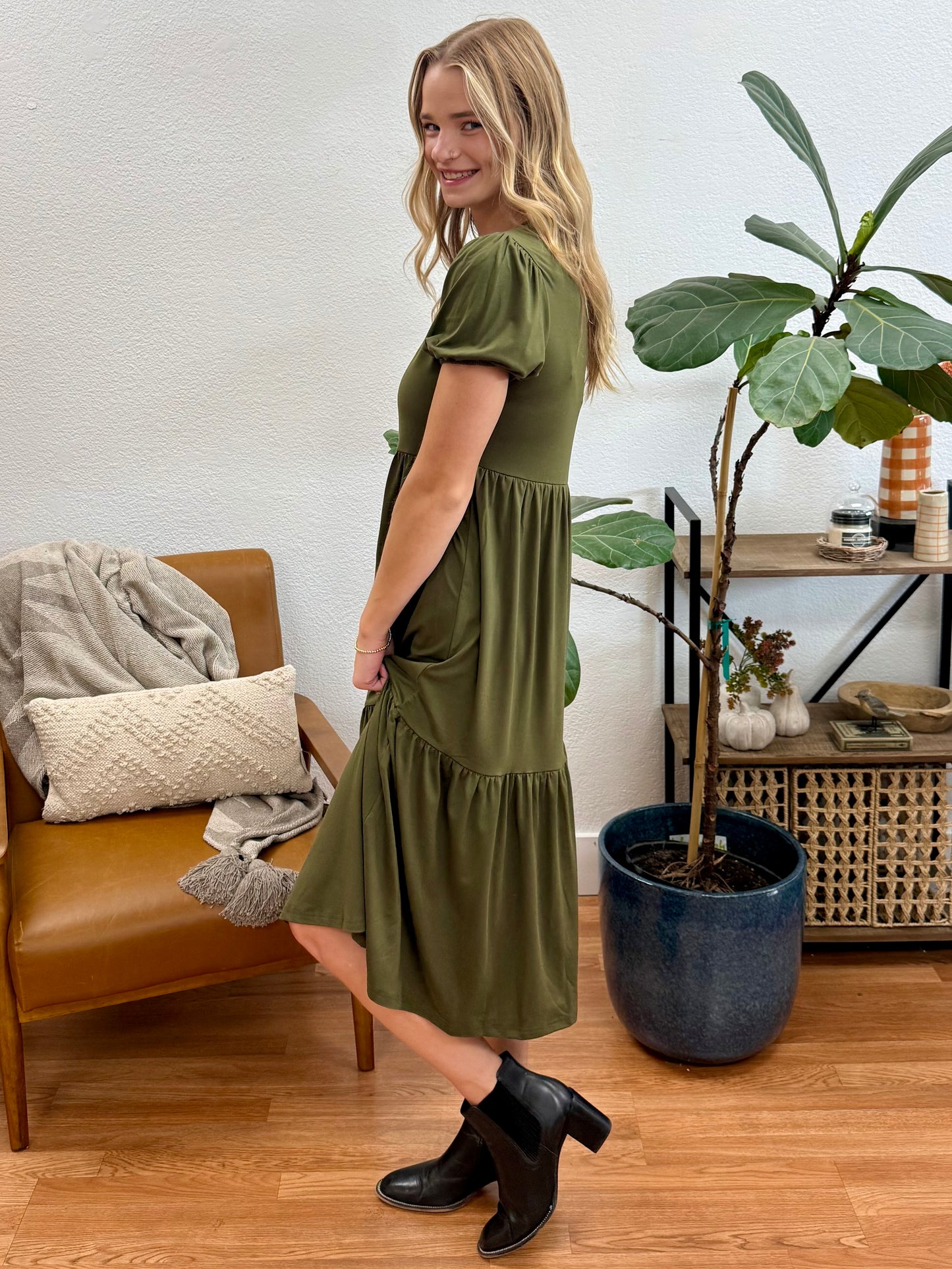 Olive Solid Tiered Maxi Dress