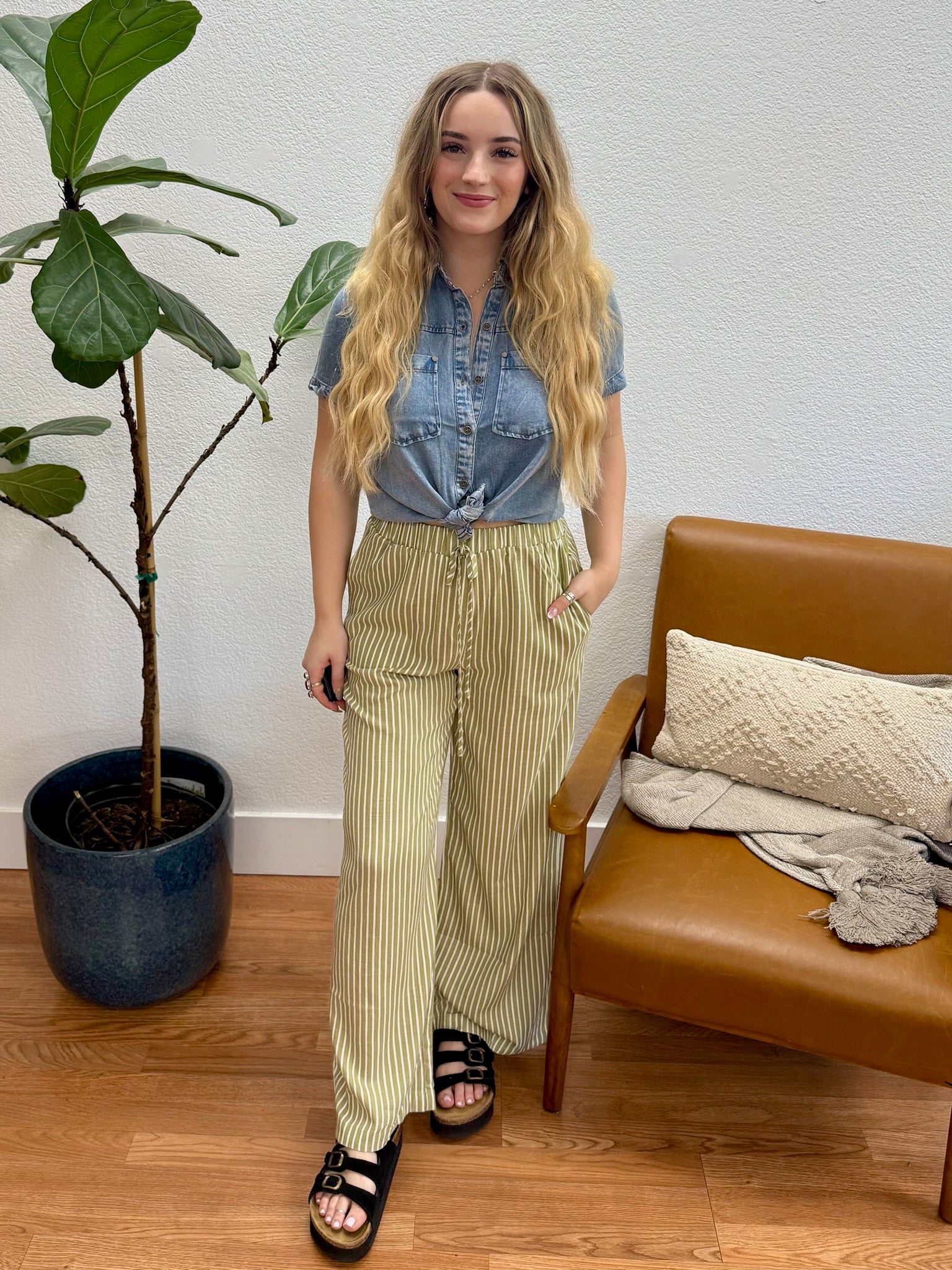 Olive Stripe Linen Wide Leg Pants - Terra Cottage