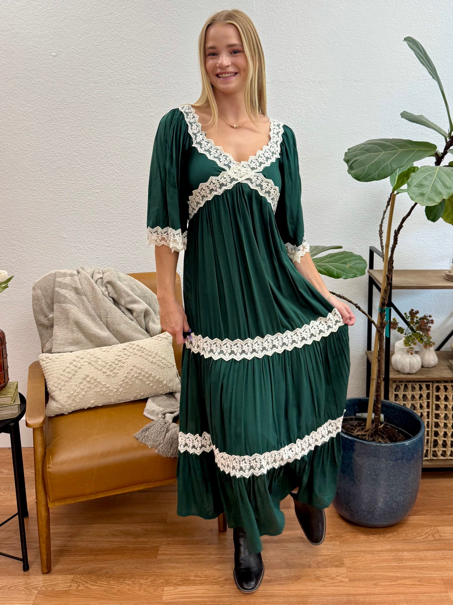 Hunter Green Lace Trim Midi Dress