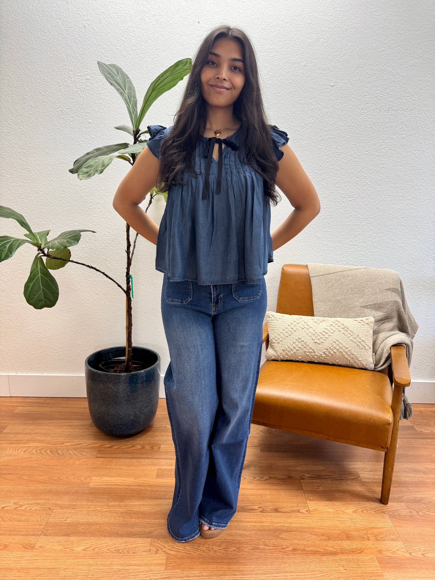 Chambray Pleated Top