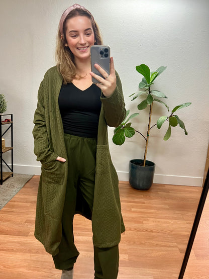 Olive Braided Long Pocket Cardigan