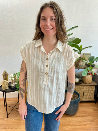 Khaki Striped half Button Collared top