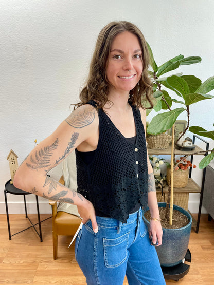 Black Crochet Floral Vest