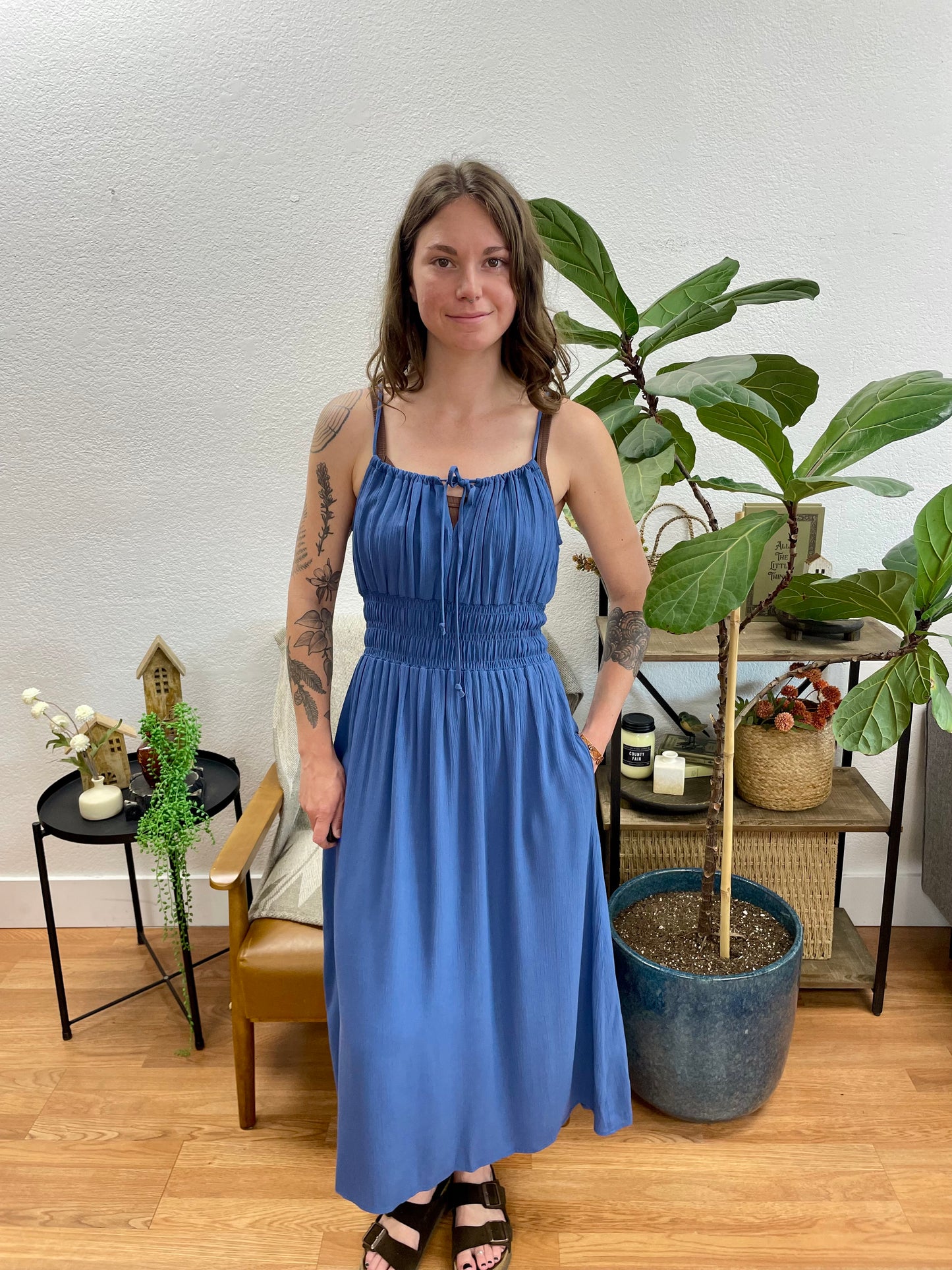 Blue Tie Shoulder Midi Dress