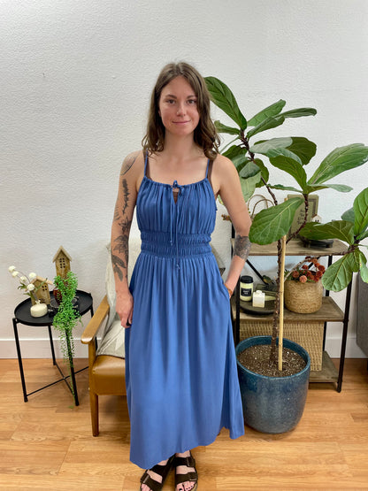 Blue Tie Shoulder Midi Dress