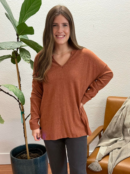 Burnt Orange Thermal V-Neck Top