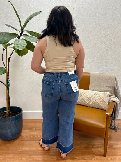 Two Tone Blue High Rise Stretch Straight Crop Jeans
