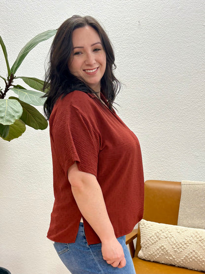 Brick V-Neck High Low Blouse
