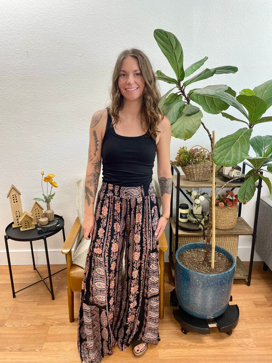 Black Floral Lace Inset Flowy Pants