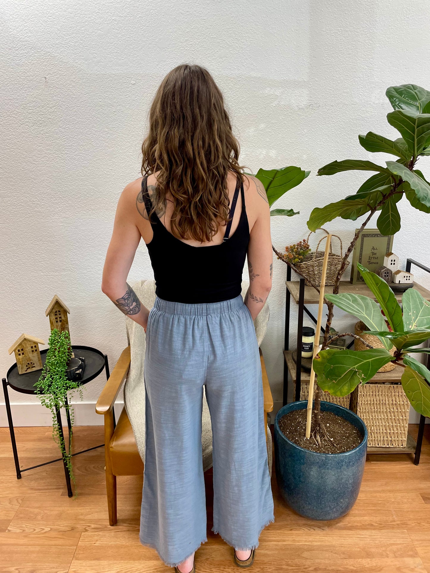 Blue Raw Hem Drawstring Pants