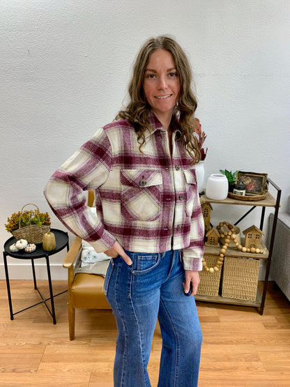 Burgundy Cropped Plaid Jacket