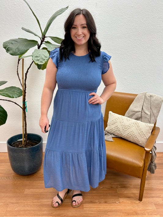 Dusty Blue Smocked Tiered Midi Dress