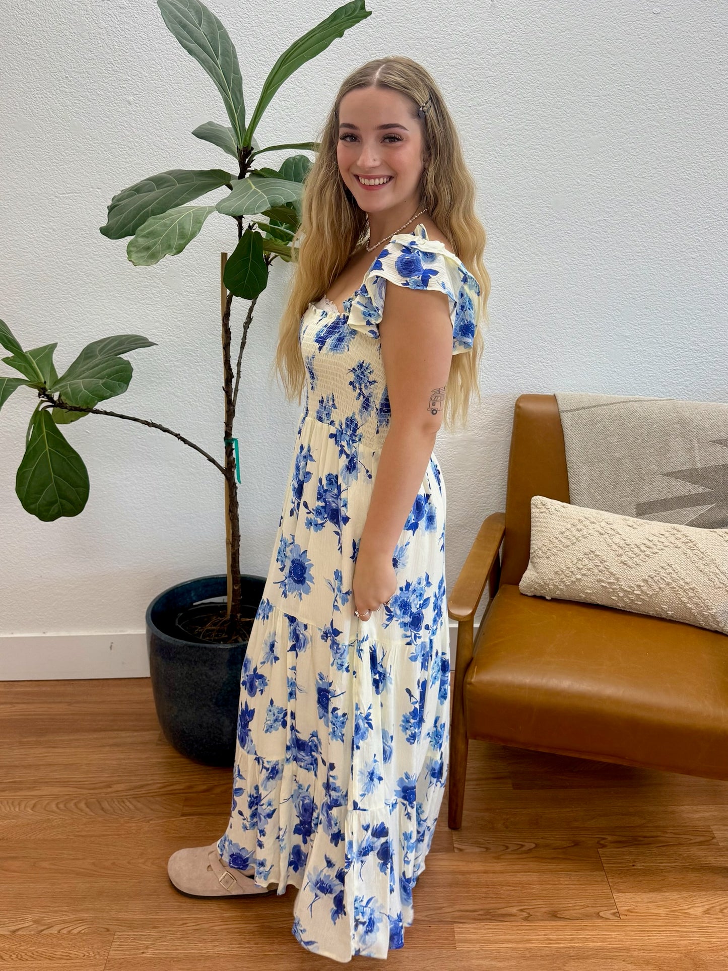 Ivory Blue Floral Maxi Dress