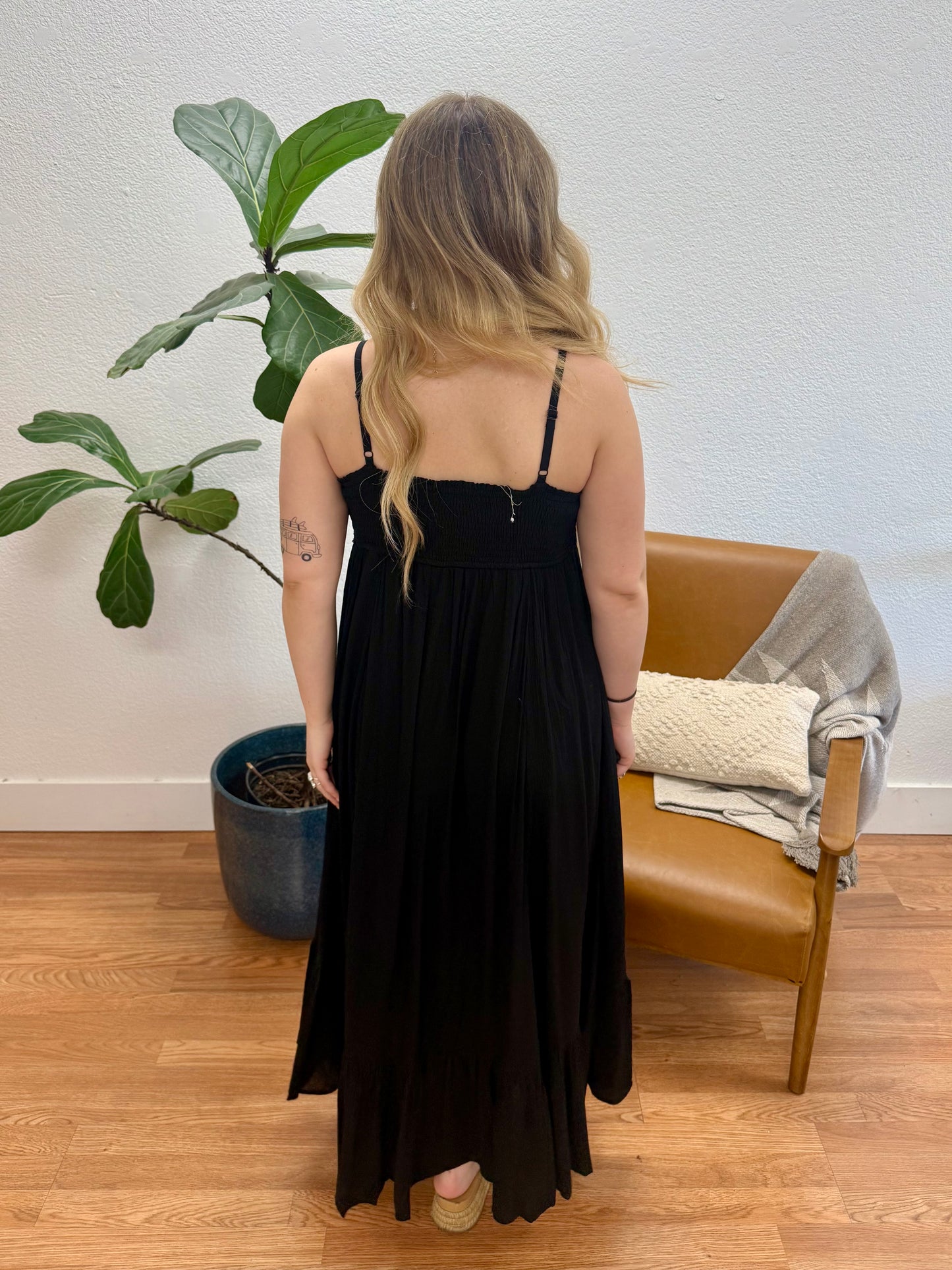 Black Smocked Bodice Maxi Dress