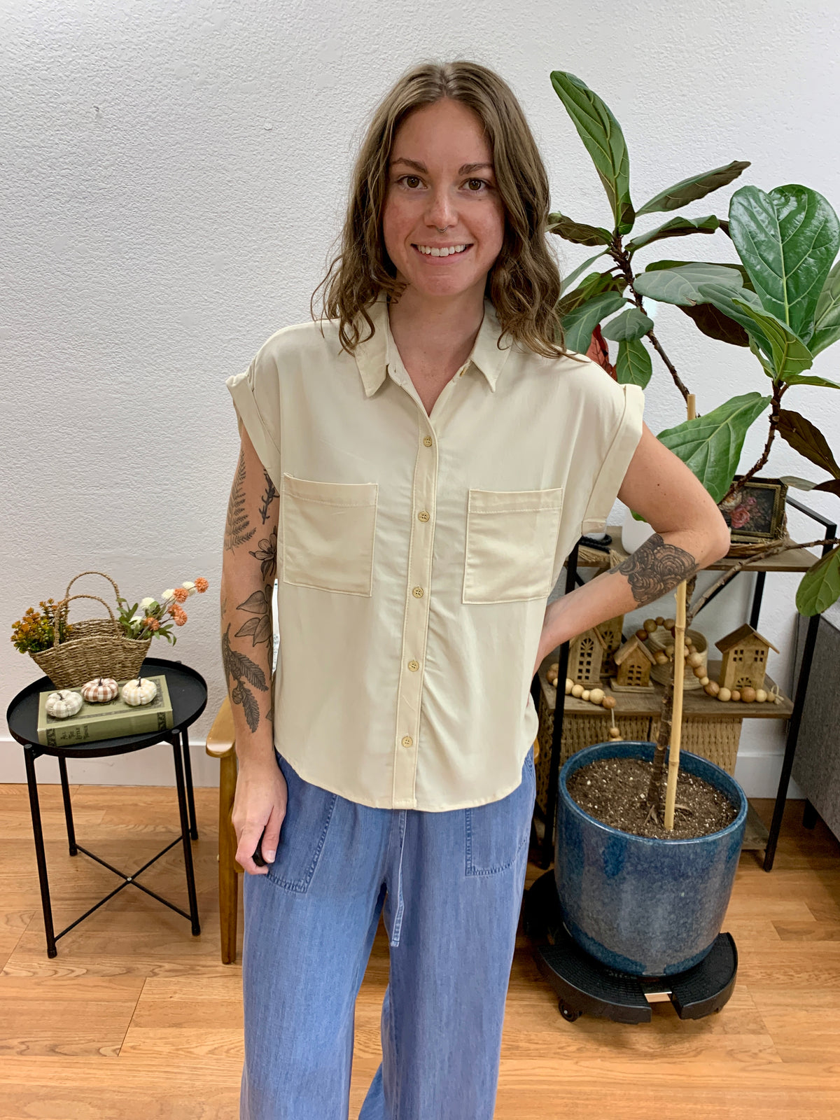Ecru Dolman Button Up Blouse