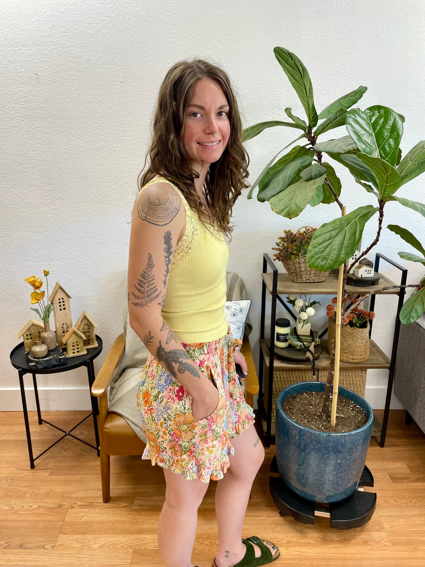 Cream Floral Belted Shorts
