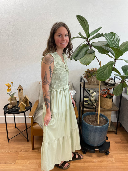 Mint Smocked Tie Front Tiered Midi Dress