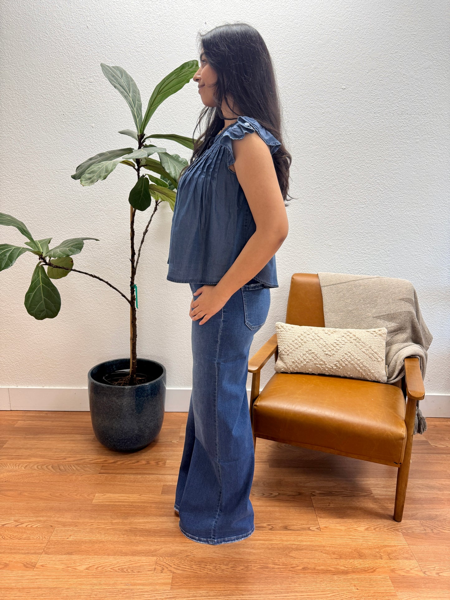 Chambray Pleated Top