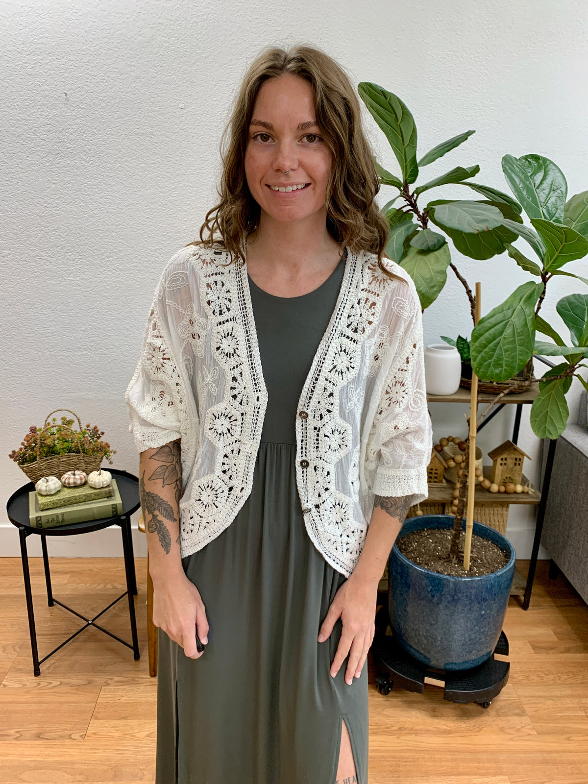 V-Neck Crochet Woven Roomy Fit Cardigan Top
