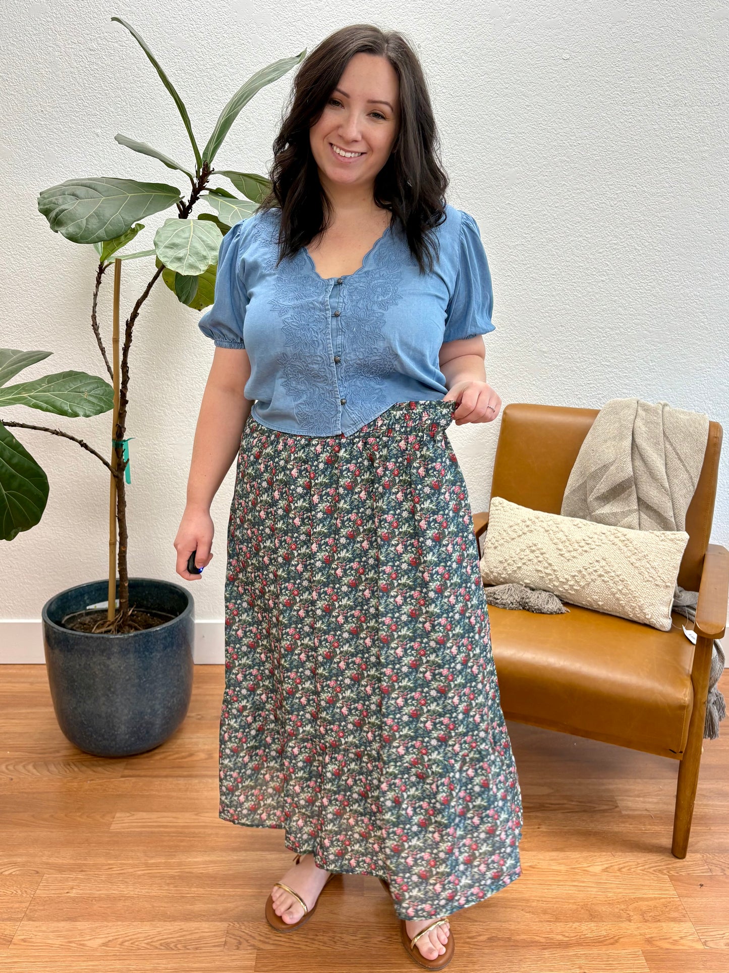 Navy Floral Smock Tiered Skirt