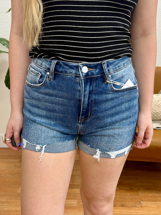 RISEN Medium High Rise Ripped Hem Shorts