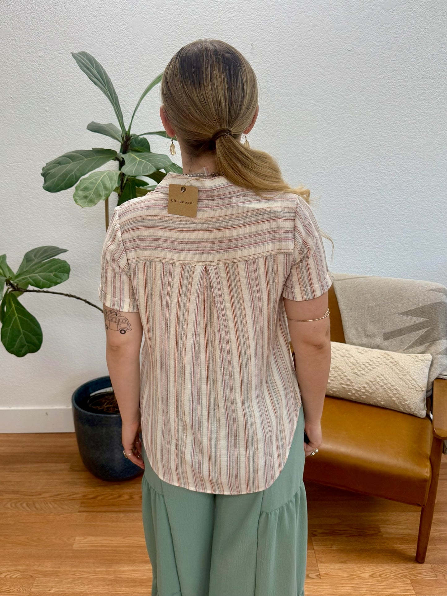 Natural Multicolor Stripe Button Down Top