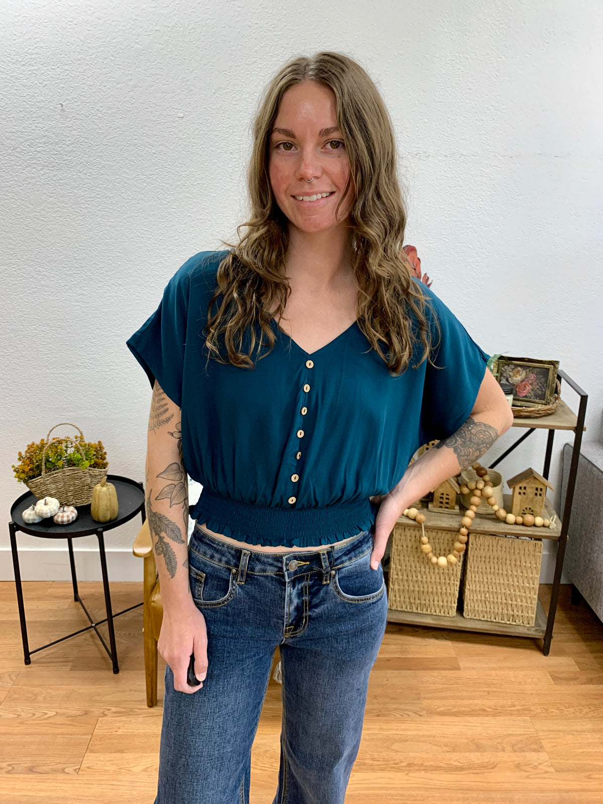 Hunter Green Button Front V Neck Top
