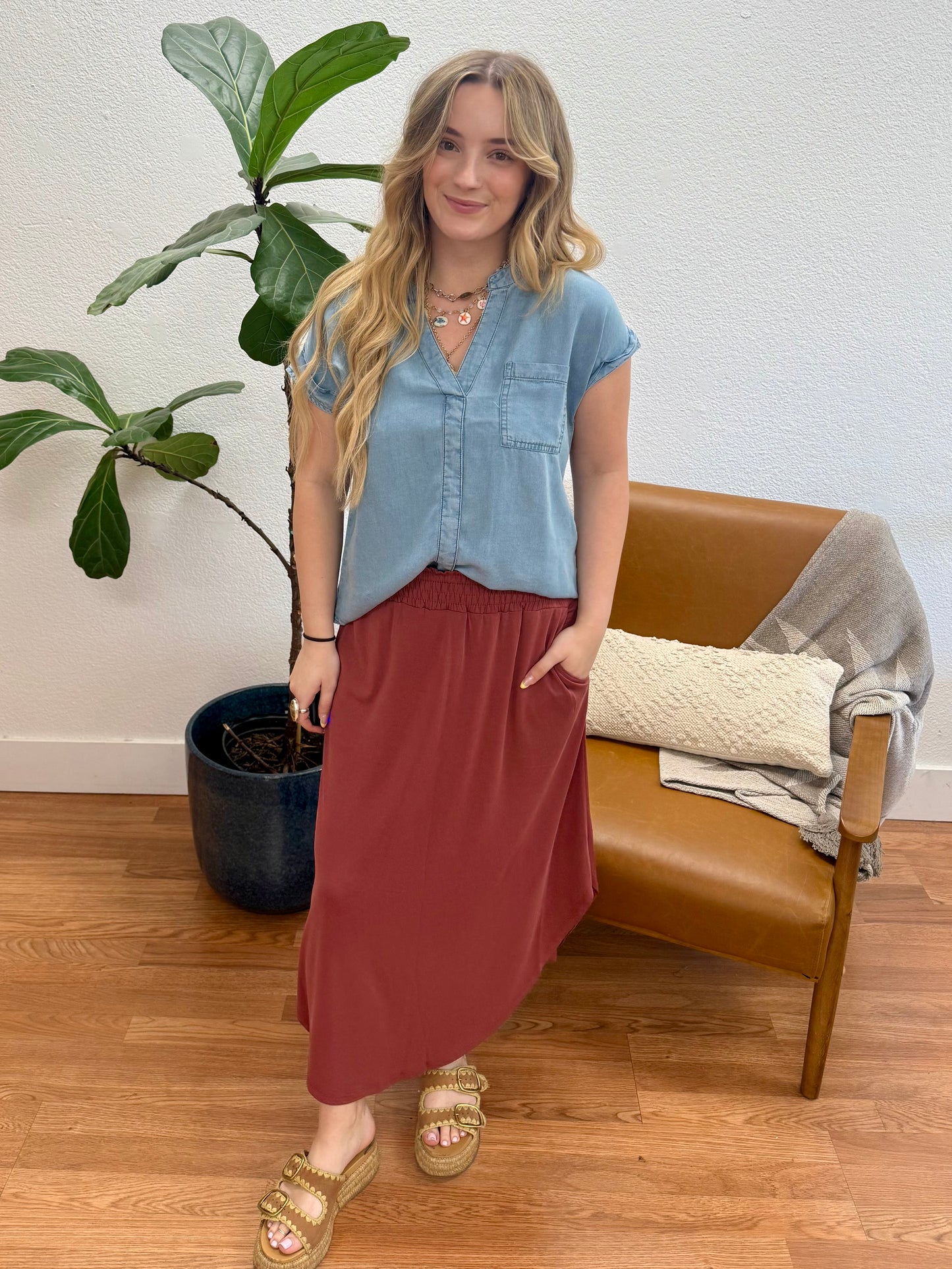 Rust Cupro Smocked Skirt