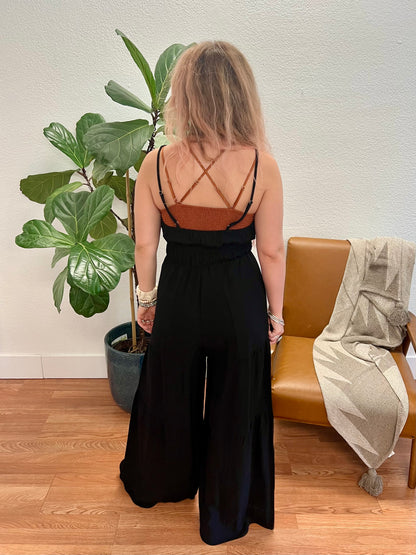 Black Solid Woven Wide Leg Jumpsuit