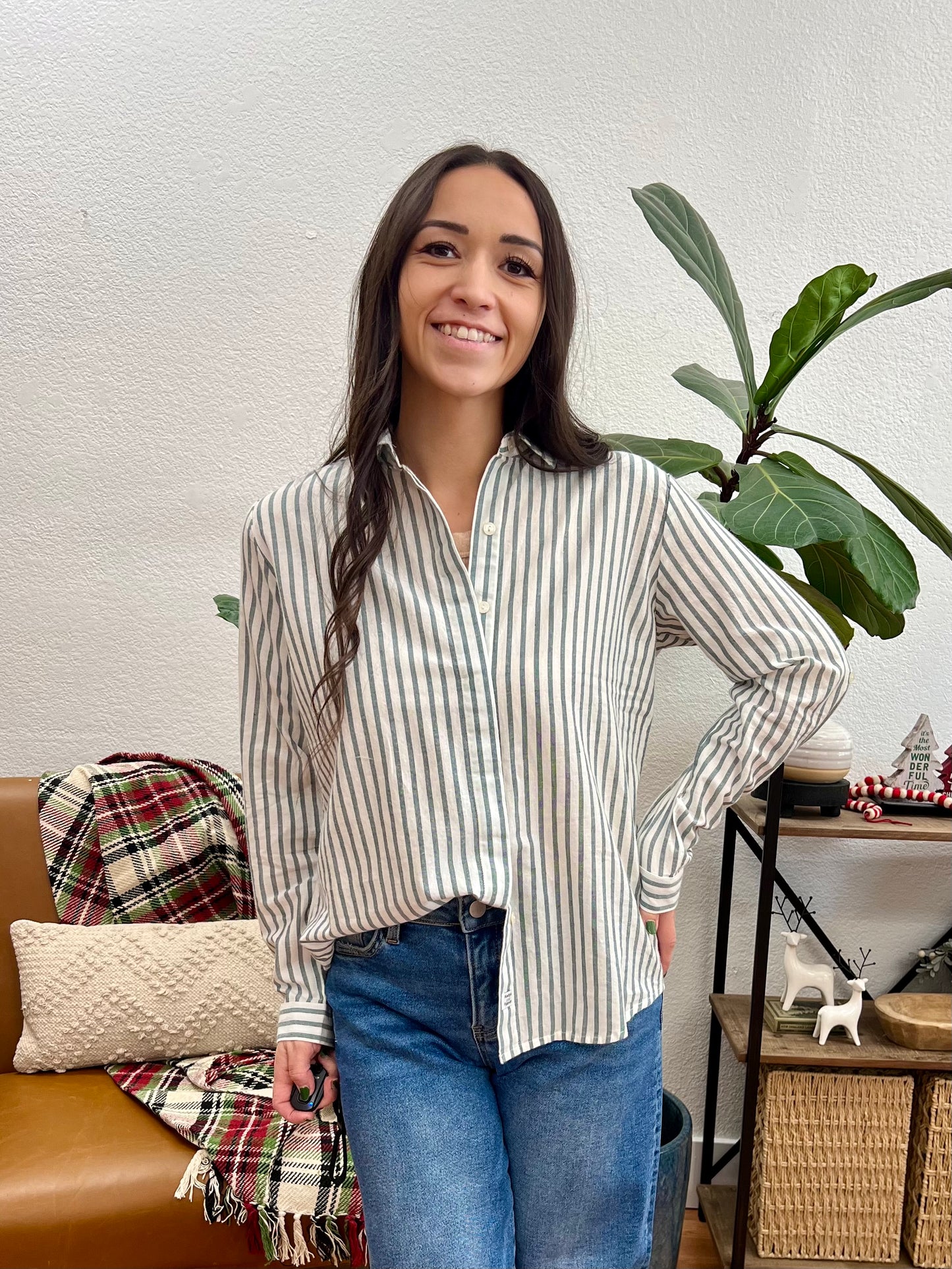 Moss Green Rolled Sleeve Striped Shirt