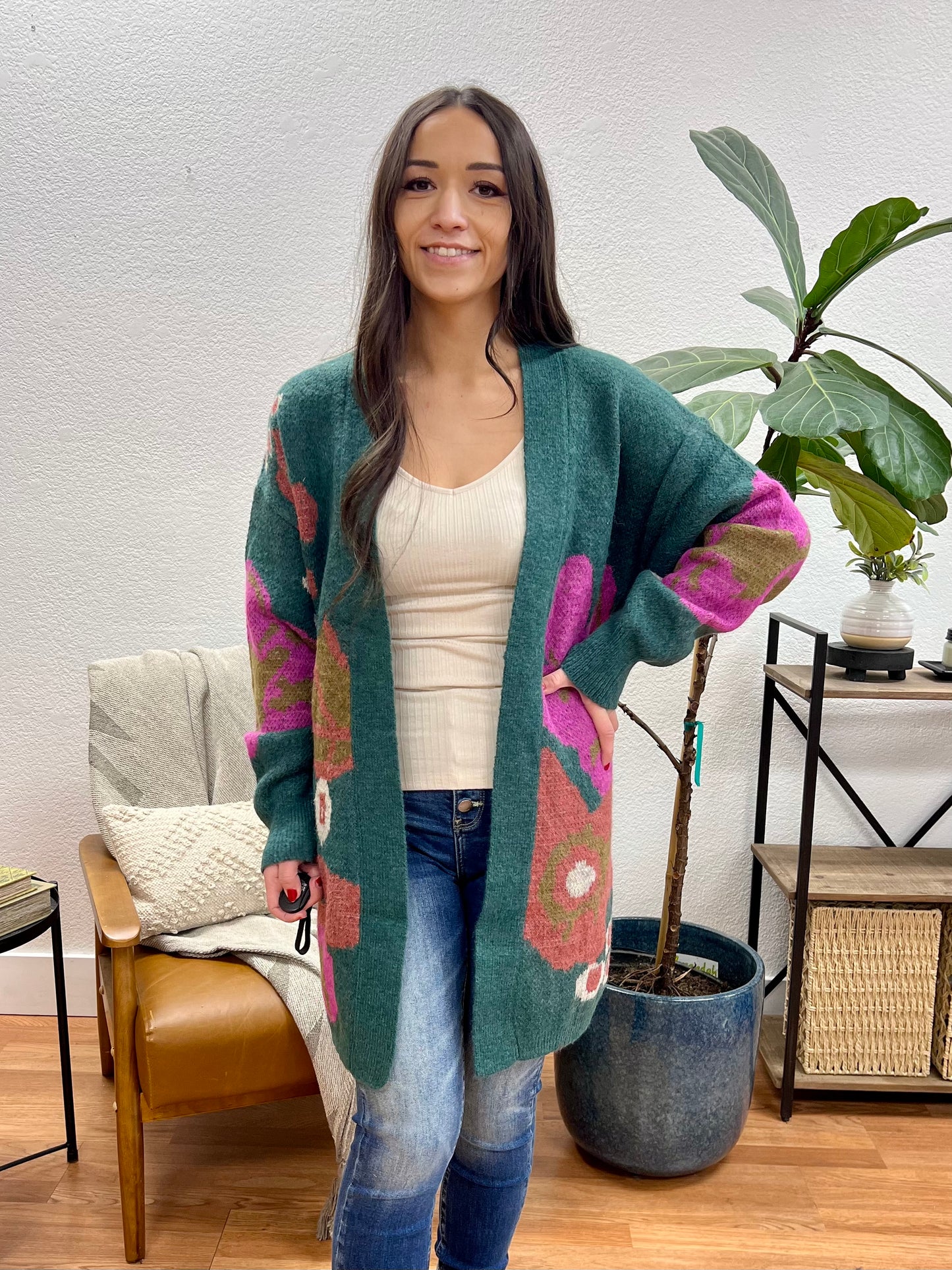 Hunter Green Bold Floral Cardigan