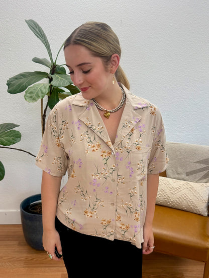 Taupe Floral Button Top