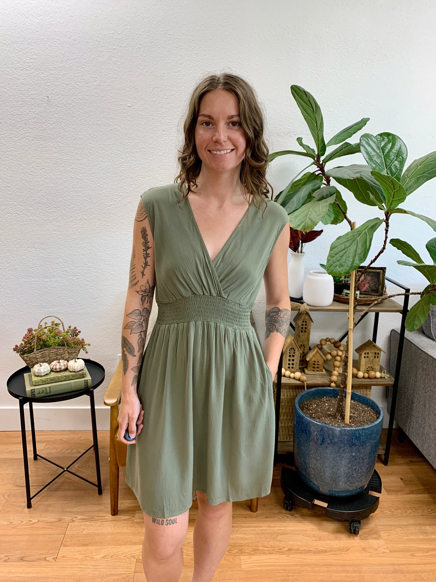 Olive Smocked Middle Dress