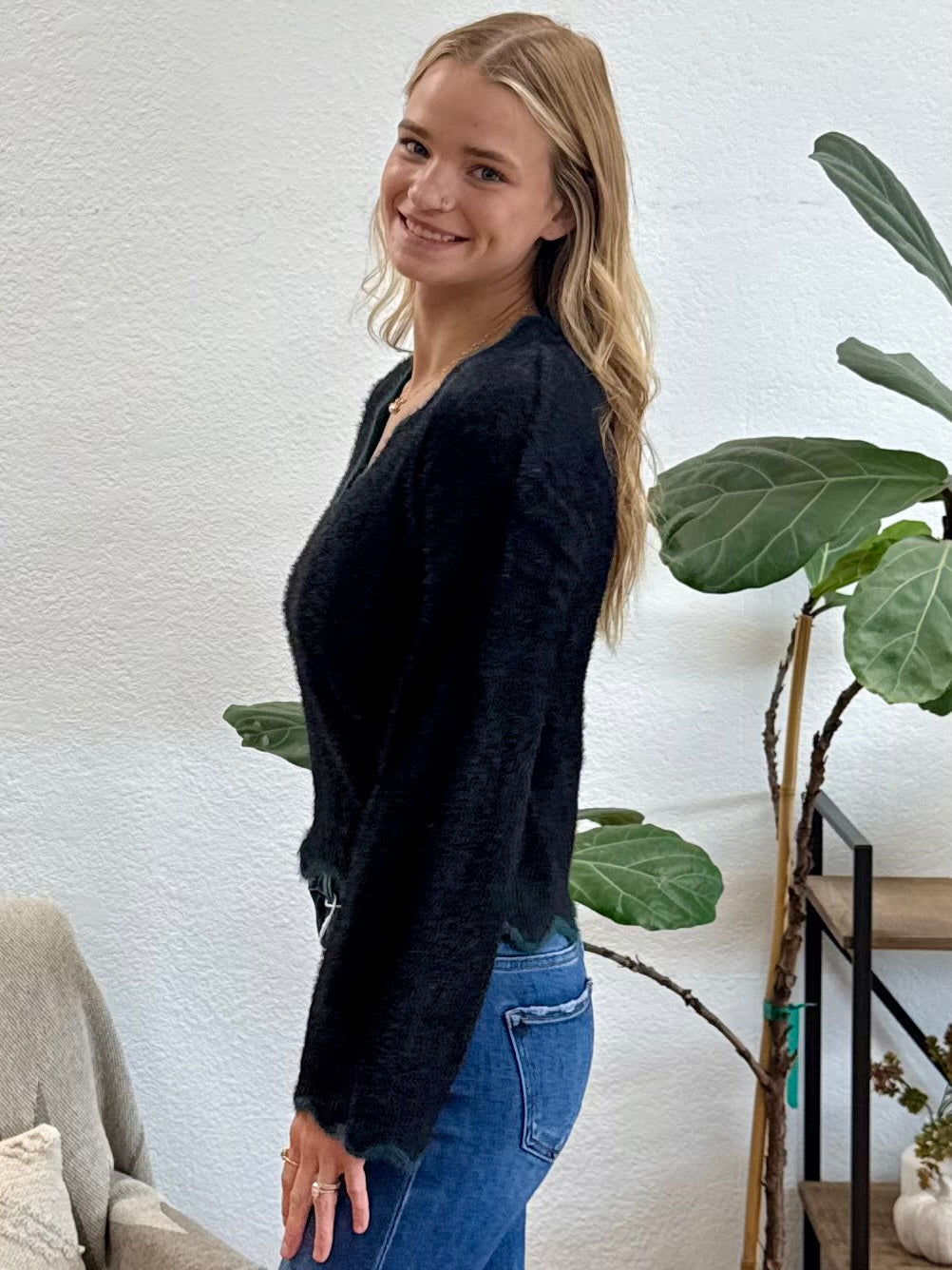Black Scallop Edge Fuzzy Sweater