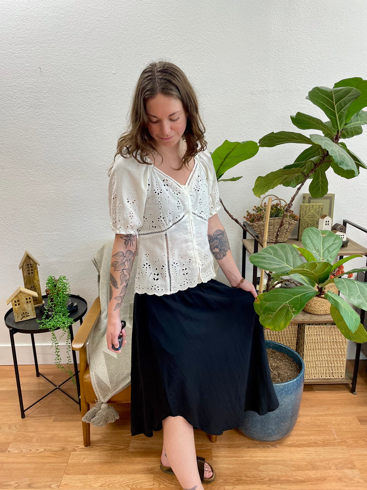 Black Smocked Midi Skirt
