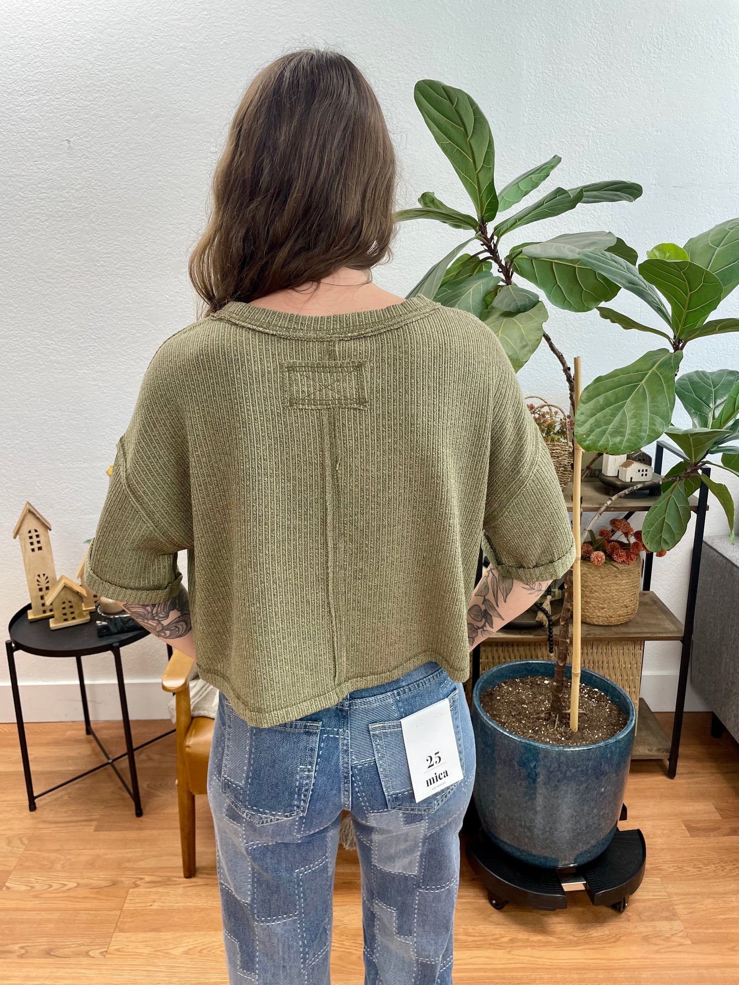 Olive Cropped Rolled Sleeve Top