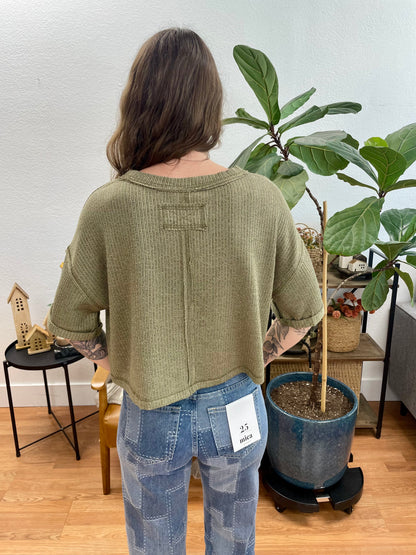 Olive Cropped Rolled Sleeve Top