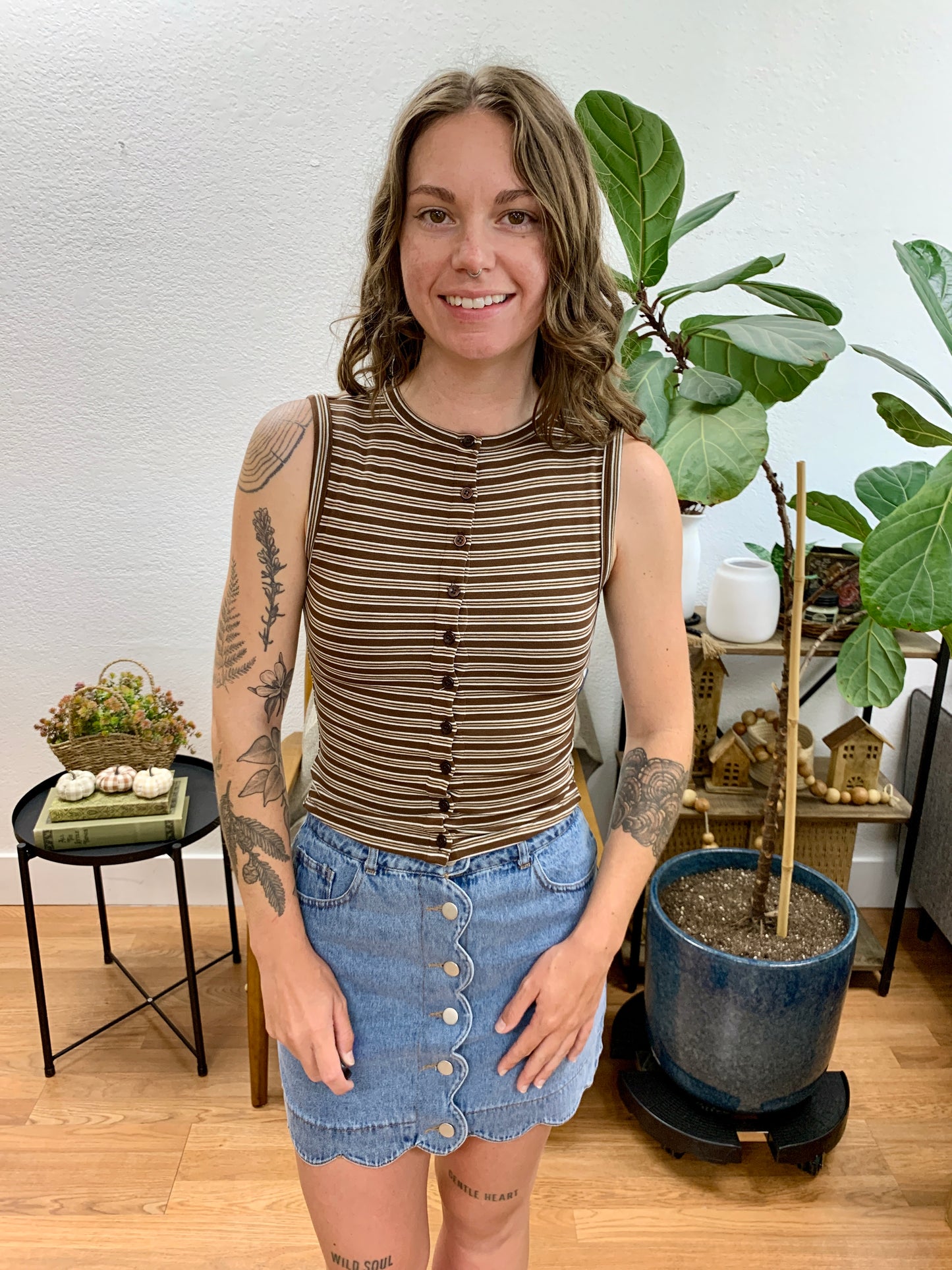 Brown Striped Crew Neck Tank