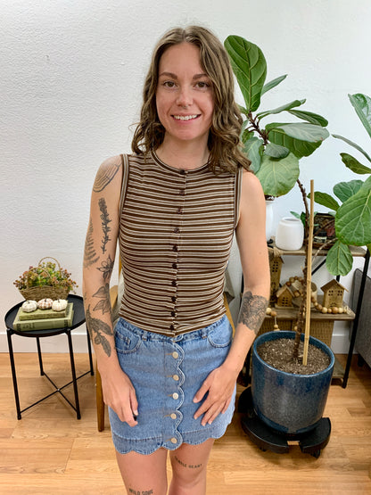 Brown Striped Crew Neck Tank