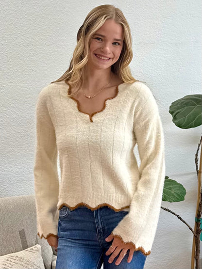 Ivory Scallop Edge Fuzzy Sweater