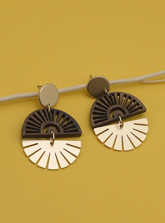 Gold & Wood Geometric Earrings
