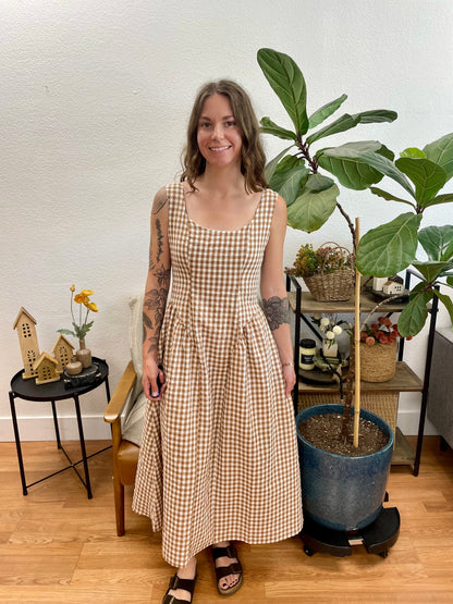 Brown Plaid Basque Waist Midi Dress
