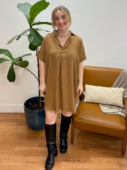 Deep Camel Washed Linen Dress
