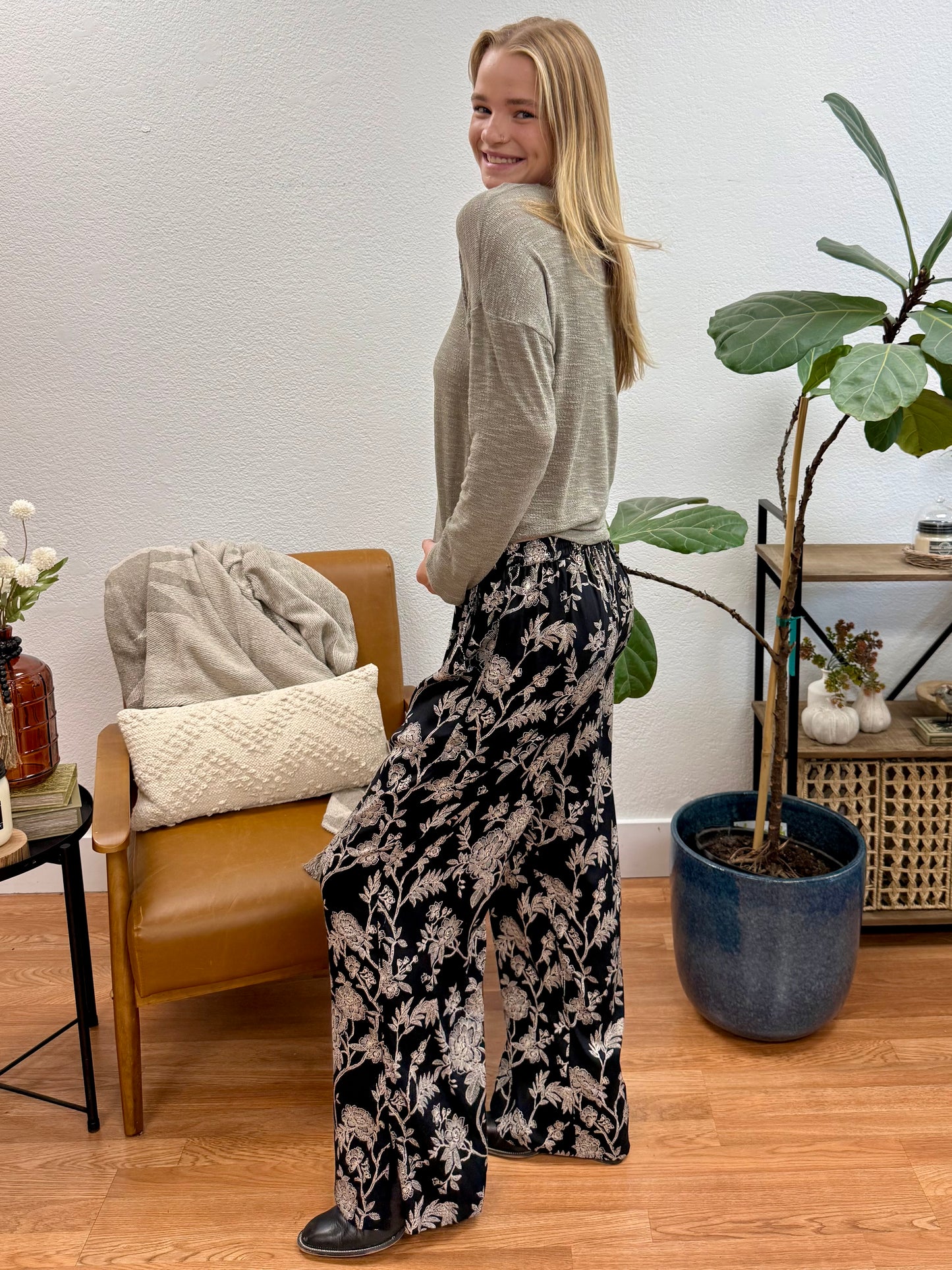 Black Printed Wide Leg Pants